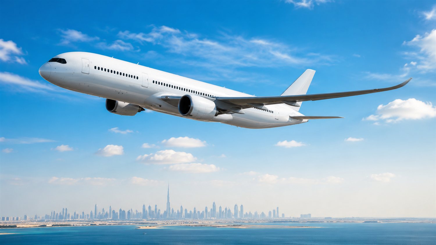 ドバイの空を飛ぶ旅客機のイメージ